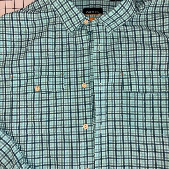 Men's Orvis XXL Plaid Long Sleeve Collar Button Outdoor Shirt Green Blue Gingham - Picture 3 of 13